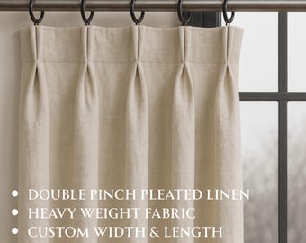 Linen Double Pinch Pleated Curtains for Living Room, Price for One Panel, Bedroom, French Pleat Drapes , Optional Blackout Lining