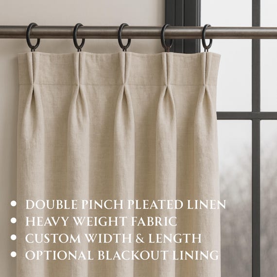Linen Double Pinch Pleated Curtains for Living Room, Price for One Panel, Bedroom, French Pleat Drapes , Optional Blackout Lining