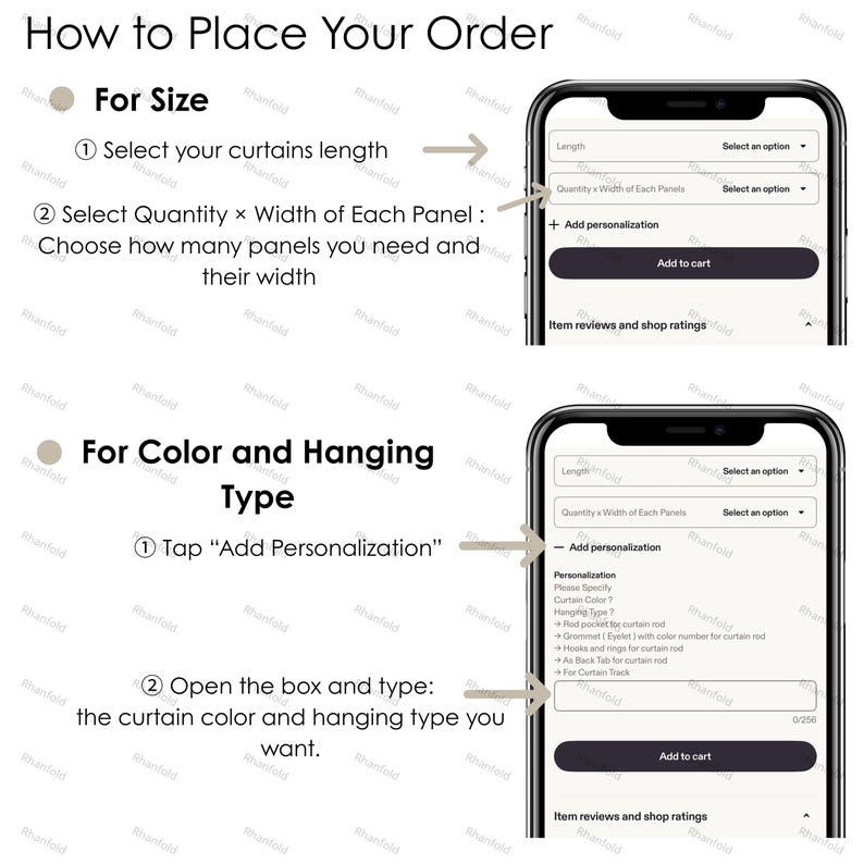 May include: A guide on how to order curtains, with instructions and screenshots of a mobile phone. The steps include selecting the length, quantity, and width, and adding personalization for color and hanging type.