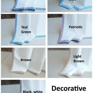 May include: A collection of white fabric swatches featuring various decorative striped trim colors including blue, light blue, teal green, patriotic red and blue, brown, light brown, and black and white. The text Decorative Trim Colors is visible.