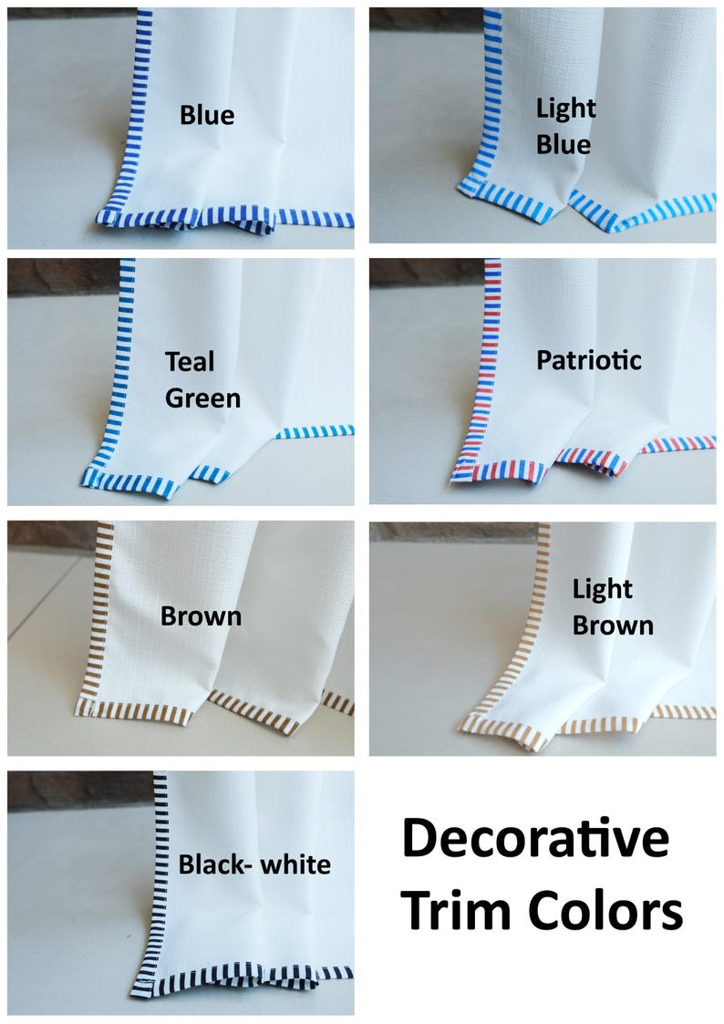 May include: A collection of white fabric swatches featuring various decorative striped trim colors including blue, light blue, teal green, patriotic red and blue, brown, light brown, and black and white. The text Decorative Trim Colors is visible.