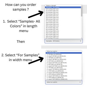 May include: A screenshot of a website showing how to order fabric samples. The user is instructed to select "Samples - All Colours" in the length menu and then select "For Samples" in the width menu.