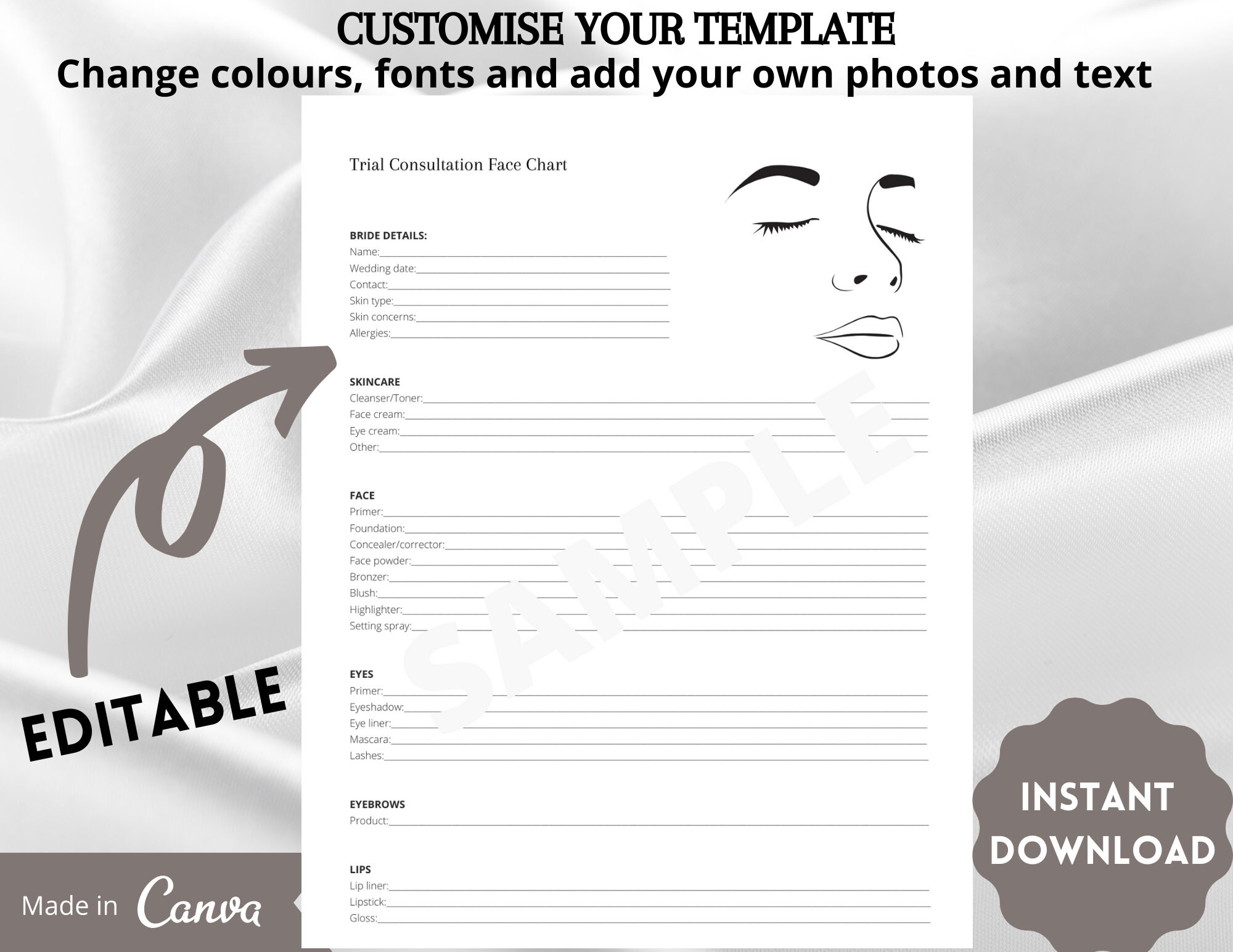 Makeup Trial Consultation Form, Face Chart Template, Hair and Makeup 