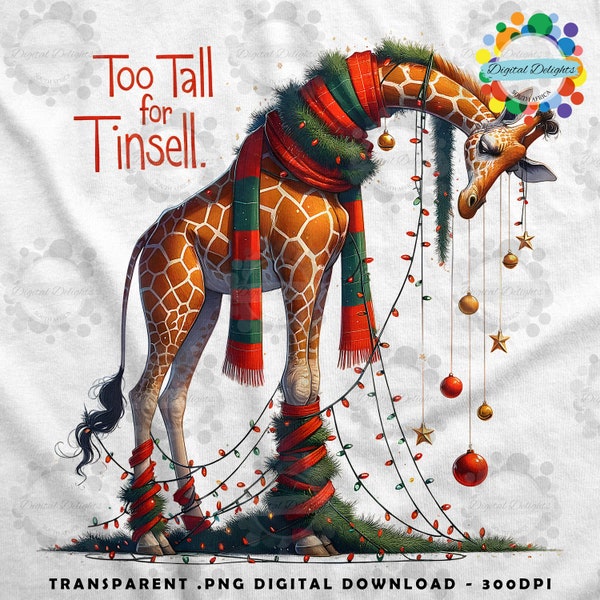 Too Tall for Tinsel: Whimsical Christmas Giraffe with Red and Green Scarf - Instant Download