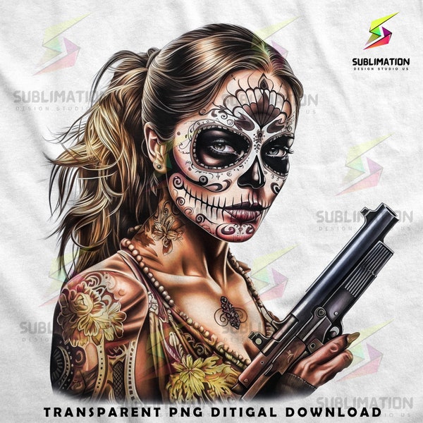 Day of the Dead Sugar Skull Woman Gun Portrait Gothic Style Badass Dia de Muertos