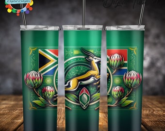 South African Pride 20 oz Skinny Tumbler Sublimation Design the South African national flag and native protea flowers - Instant Download
