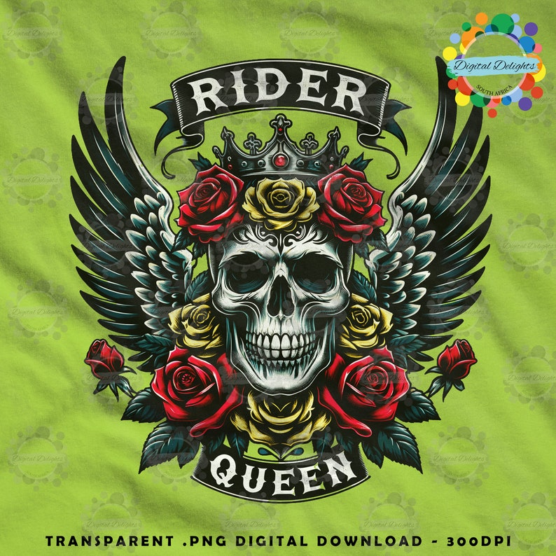 Rebel Queen Rider Intricate Skull Wings Roses Design Sublimation DTF ...