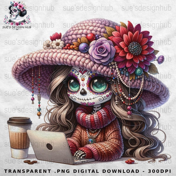 Coffee Lover Calavera Digital Art, Cozy Sugar Skull Woman with Laptop, Autumn Vibes Dia de los Muertos  Boho Chic Home Office Decor