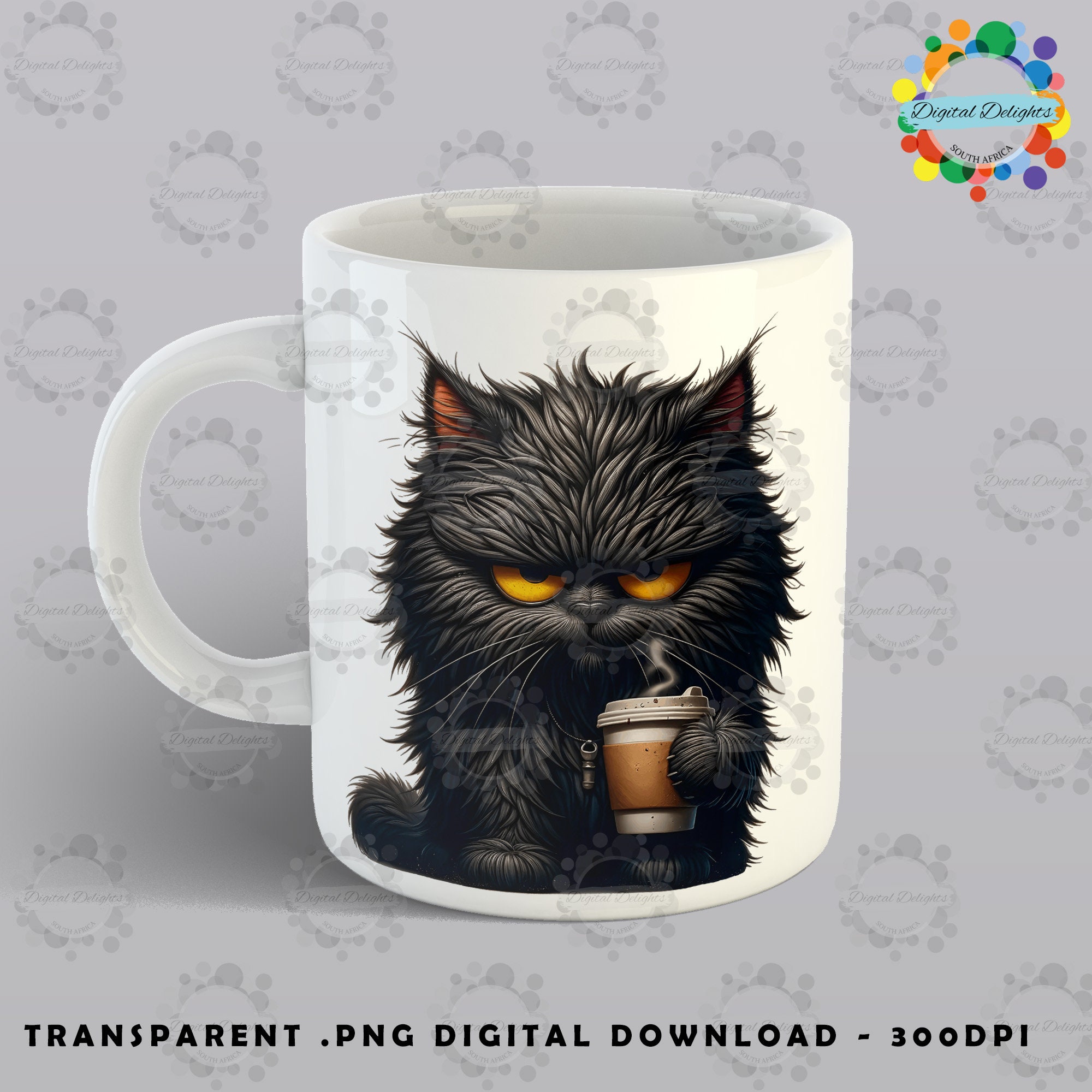 Grumpy Black Cat With Coffee Cup Disheveled Fur & Coffee Cup Funny Cat