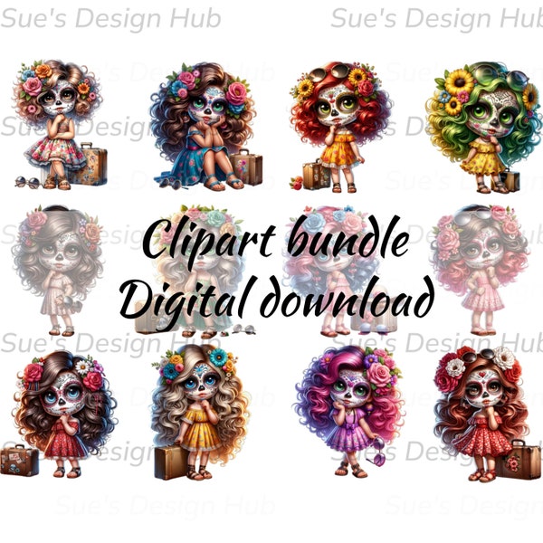 Beach vacation day of the dead  girl, 12 PNG Clipart Bundle, with Sugar Skull Face and Flower Crown, Día de los Muertos ,  instant download