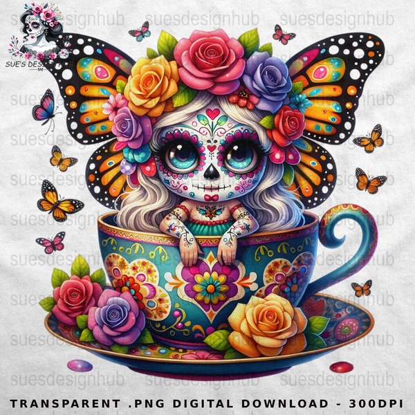 Whimsical Sugar Skull in Teacup Art - Floral Dia de los Muertos Print, Butterfly and Roses Digital Art, Vibrant Mexican Folklore