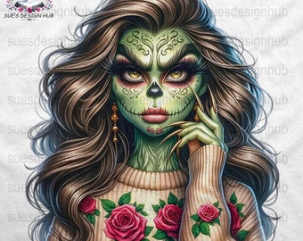 Momster Sugar Skull Woman Clipart, Day of the Dead Face Art, Dia de los Muertos Illustration, Floral Skull PNG, Instant Download, 300dpi