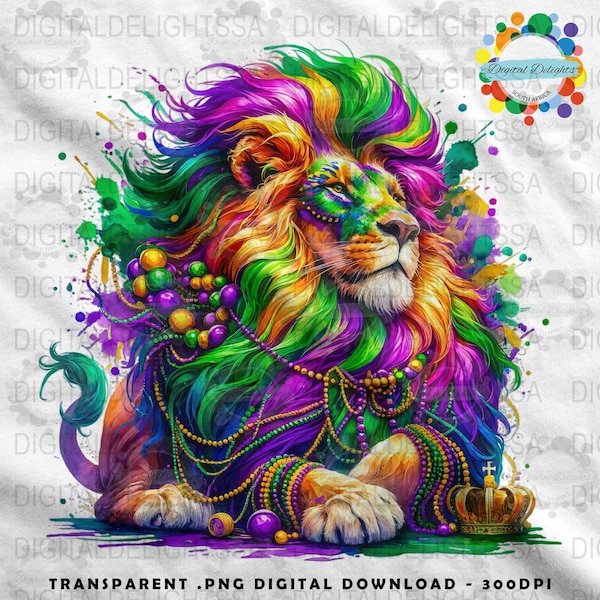 Mardi Gras Lion Clipart, Colorful Carnival Animal, 300dpi PNG Transparent, Festive Digital Download, Fat Tuesday Decor, Purple Green Gold