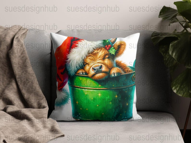 Highland Cow Christmas Decor, Cute Cow in Santa Hat, Holiday Animal Art