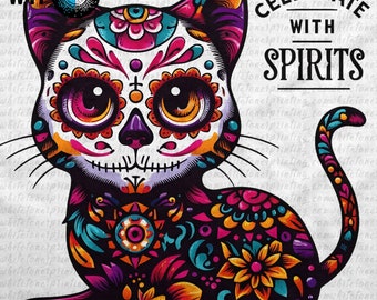 Colorful Day of the Dead Cat Digital Download, Sugar Skull Cat PNG, Dia de los Muertos Clipart, Decorative Cat Illustration