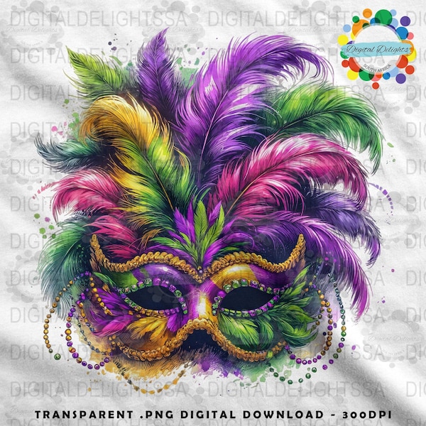 Mardi Gras Feather Mask Clipart, Colorful Carnival Mask PNG, Festive Masquerade Digital Download, Transparent 300dpi Mardi Gras Image