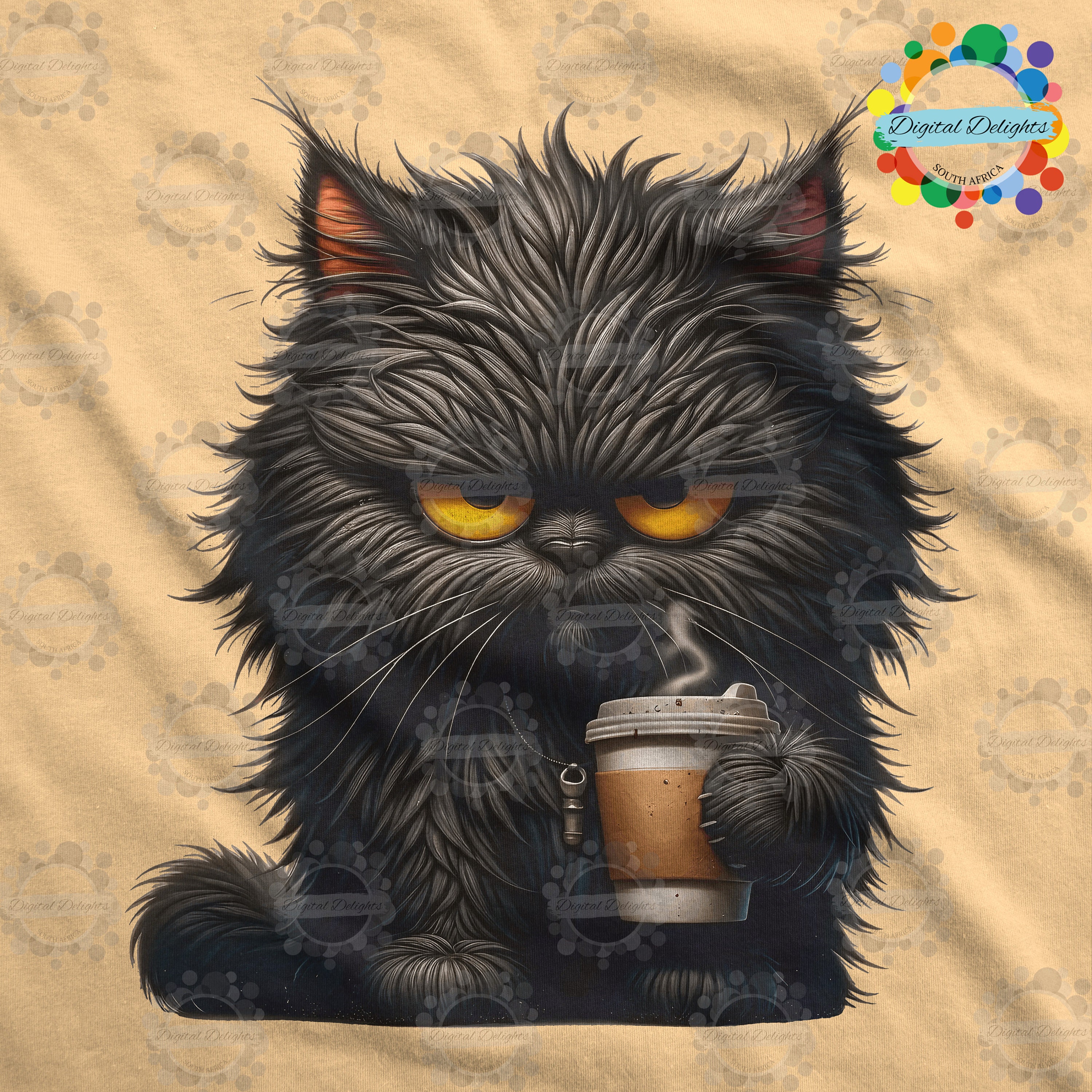 Grumpy Black Cat With Coffee Cup Disheveled Fur & Coffee Cup Funny Cat