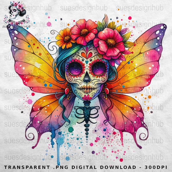 Enchanted Butterfly Sugar Skull Digital Art - Watercolor Floral Calavera Print, Whimsical Dia de los Muertos Decor, Instant Download