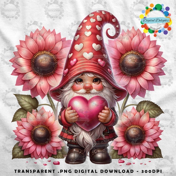 Valentine Pink Heart Gnome Whimsical Gnome Holding Heart    - Instant Download