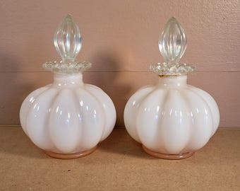 Vintage Fenton Glass 3 Pc Rose Melon Vanity Set- 1 Pc is damaged