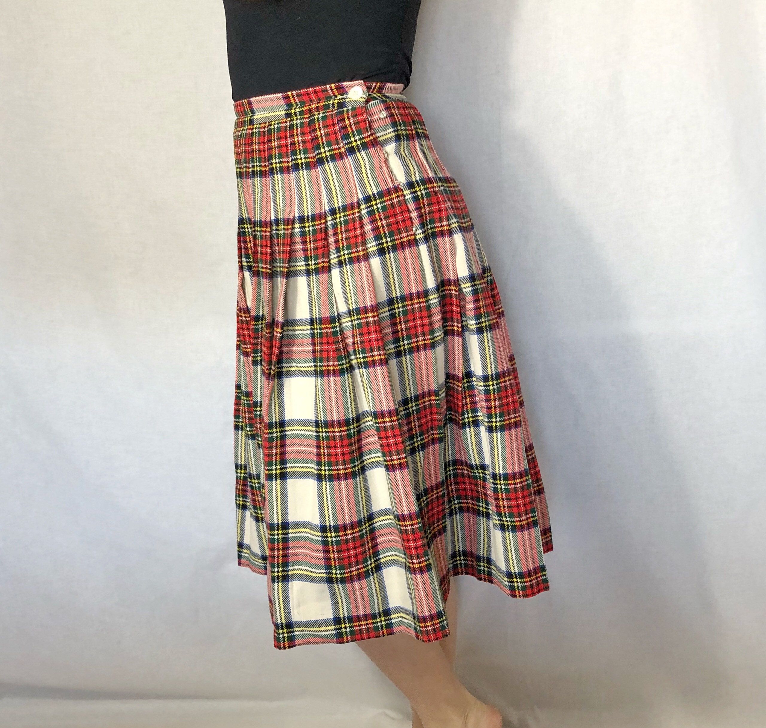 Vintage Pleated Check Midi Skirt in Red Cotton Red Skirt With Etsy UK