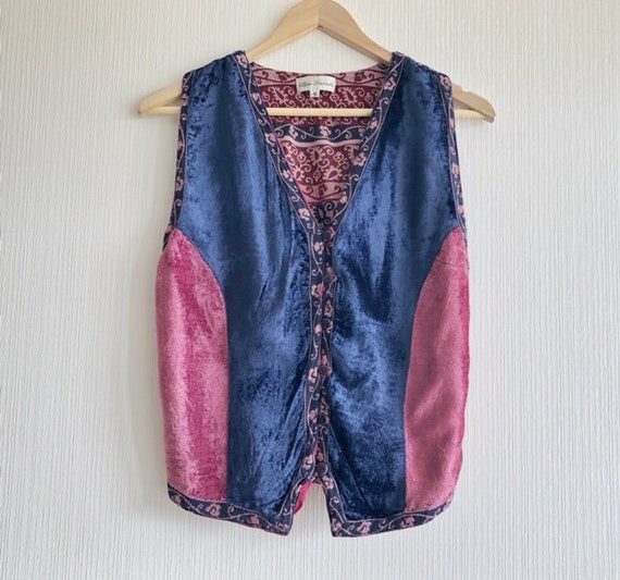 Vintage Blue Red Patterned Vest Hippie Style Velve