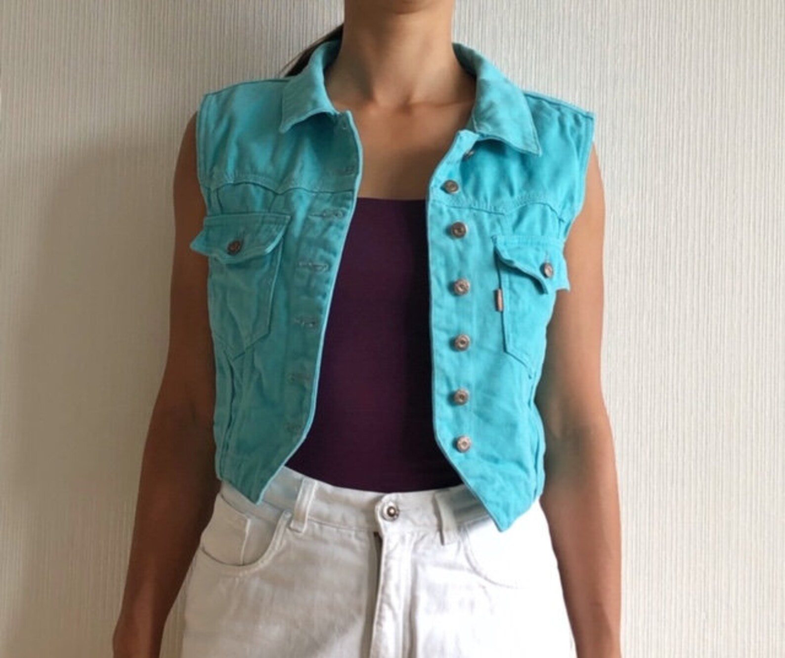 Vintage Bright Blue Cropped Vest Light Blue Denim Vest Etsy