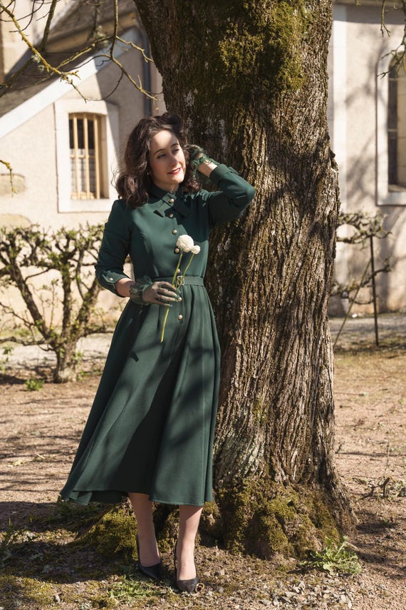 Mia Pine Green Dress, Women's Vintage Inspired Flare Dress, Fit and Flare Dress, 50s Long Sleeve Button Down Dress