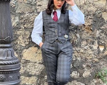 Grey Black Checked Tailored Trousers - Peaky Blinders Style Suit Trousers - Classic Vintage Look, Dandy