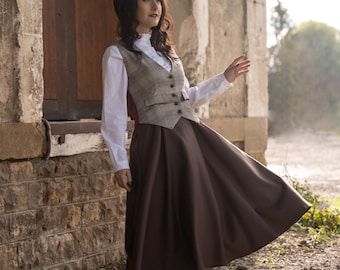 Brown Academia Skirt, Vintage Style Skirt, Circle Skirt, Midi Skirt, A-Line Skirt, Women's Winter Autumn Skirt, High Waisted Skirt, Retro Skirt