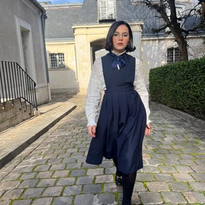 Charlotte Navy Blue Dress, Vintage Inspired, Pinafore Dress, Cotton, Retro Dress 1950s Dress, Long Buttoned Dress, Plus Size