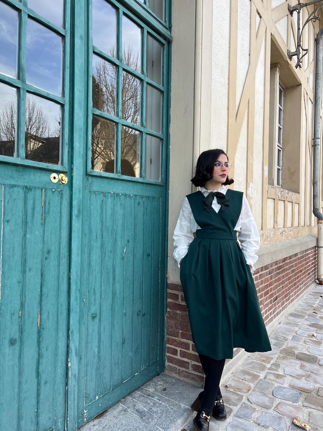 cotton retro dresses Charlotte Dress Fir Green, Vintage Inspired, Pinafore Dress, Cotton, Dress 1950s Dress, Long Buttoned Dress, Plus Size 32 41 XL 40 A-Line Dresses for Women Filter:Under £100 Color:Nature white Midi dress