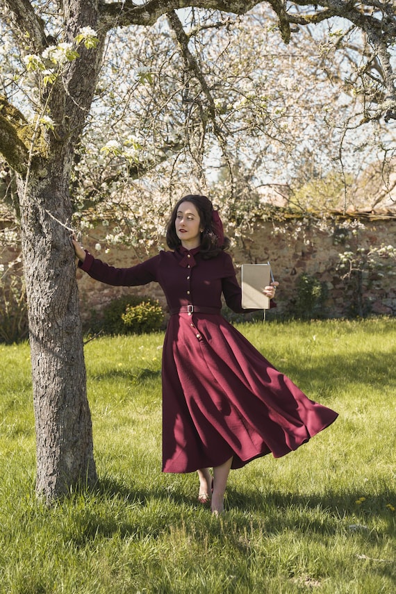 vintage flare dress Mia Bordeaux Dress, Vintage Inspired Flared Dress for Women, Fit and Flare Dress, 50s Long Sleeve Button Down Dress