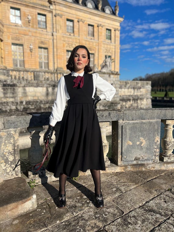 Charlotte Black Dress, Vintage Inspired, Pinafore Dress, Cotton, Retro Dress  1950s Dress, Long Button-down Dress, Plus Size