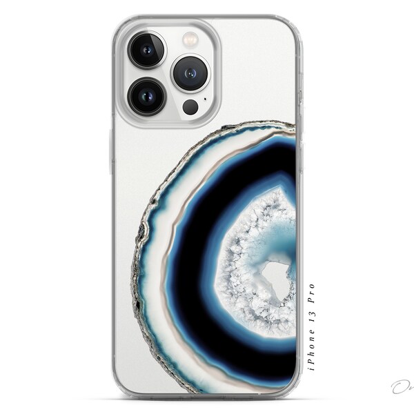 Layered Blue Agate Geode iPhone 13 Clear Case, iPhone 12 Case, iPhone 11 Case, Galaxy S22 Case, Galaxy 20 Case, Galaxy S21 Case