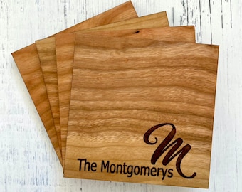 Wood coaster set of 4. Personalized wood coasters w initial, last name. Coffee table decor, gay wedding gift, unique wedding gift for couple