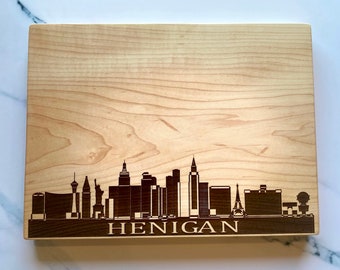 City skyline & last name engraved custom cutting board, personalized cutting board or charcuterie board. Housewarming gift, new home gift