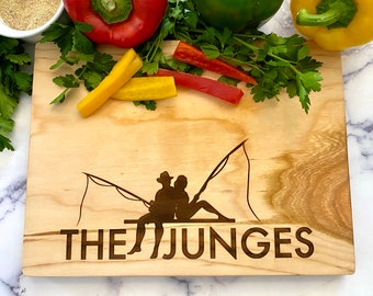 Custom cutting board, personalized cutting board or chopping board. Fathers day fishing, lake house decor, fishing gifts for men, couple.