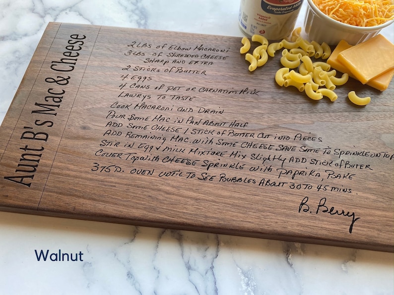 Personalized cutting board recipe engraved, walnut cutting board also in cherry and maple. Custom mom gift, mom birthday gift, made in USA 