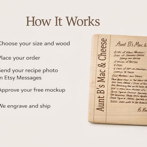 May include: A light-colored wooden cutting board with the text "Aunt B's Mac & Cheese" and a handwritten recipe. The board has a rectangular shape and is engraved with the recipe. The text "How It Works" is also visible.