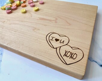 Personalized Valentine's Day Gift For Cook. Conversation Hearts Candy Custom Cutting Board. Engraved Wood Galentines Day Gift