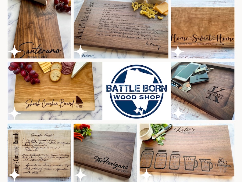 May include: A collection of wooden cutting boards with various designs and text. Some boards feature engraved text like "Santeramo," "Aunt B's Mac & Cheese," and "Shark Coochie Board." Other boards have kitchen-themed designs and personalized engravings.
