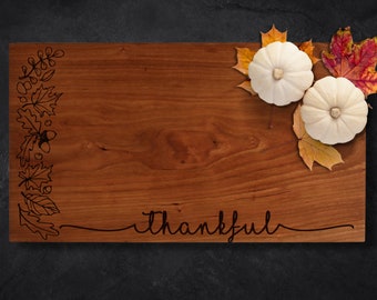 Fall cutting board, Thanksgiving kitchen decor, Engraved pumpkin, Rustic tray, Thanksgiving hostess gift, Seasonal kitchen decor, thankful