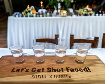 Let's get shot faced drink flight, shot glass holder. Funny engagement gifts for couple, unique wedding gift for couple, hostess, shotski