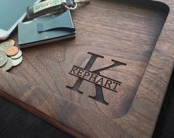 Personalized Walnut Wood Valet Tray, Engraved Nightstand Organizer