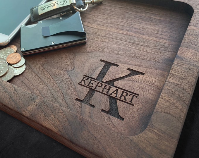 Personalized Walnut Wood Valet Tray, Engraved Nightstand Organizer