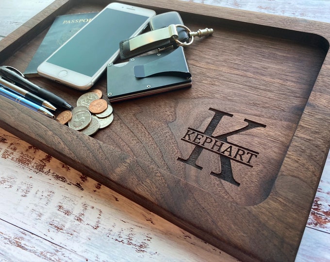 Personalized Walnut Wood Valet Tray: Anniversary Gift for Him