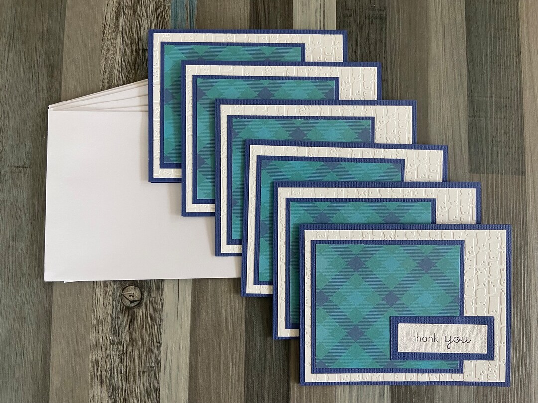 Rustic Buffalo Plaid Thank You Cards With Envelopes, Green &amp; Blue ...
