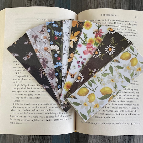 Garden Floral & Bee Bookmarks, Double-sided design measures 2"x6", Laminated for Durability, Available as singles or sets, Handmade