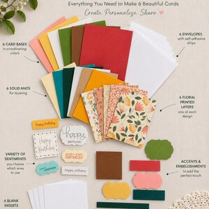 May include: A DIY card making kit containing 6 card bases in various colors, 6 envelopes with self-adhesive strips, 6 solid mats, 6 floral printed layers, 6 blank inserts, and a variety of sentiment labels and decorative accents for crafting.